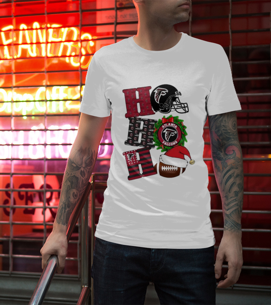 Atlanta Falcons Ho Ho Ho Merry Christmas Football Helmet Wreath Santa Hat T-Shirt
