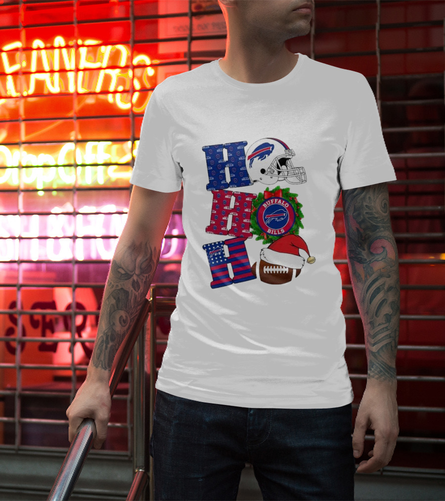 Buffalo Bills Helmet Wreath Football Santa Hat Ho Ho Ho Merry Christmas T-Shirt