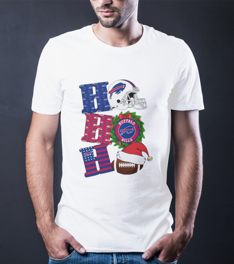 Buffalo Bills Helmet Wreath Football Santa Hat Ho Ho Ho Merry Christmas T-Shirt