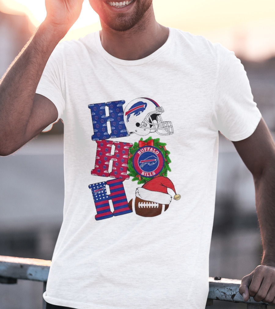 Buffalo Bills Helmet Wreath Football Santa Hat Ho Ho Ho Merry Christmas T-Shirt