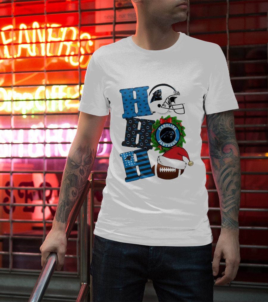 Carolina Panthers Ho Ho Ho Merry Christmas Football Helmet Wreath Santa Hat T-Shirt