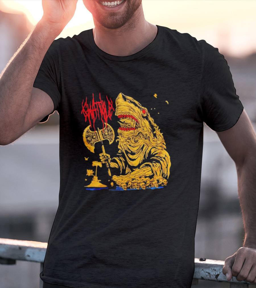 Chat Pile Shark With Axe On Tropical Beach T-Shirt