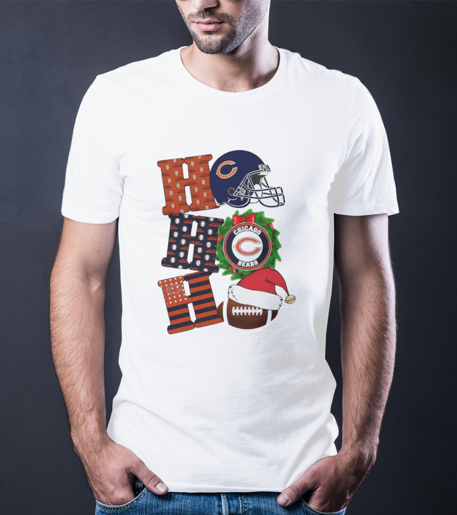 Chicago Bears Ho Ho Ho Merry Christmas Football Helmet Wreath Santa Hat T-Shirt