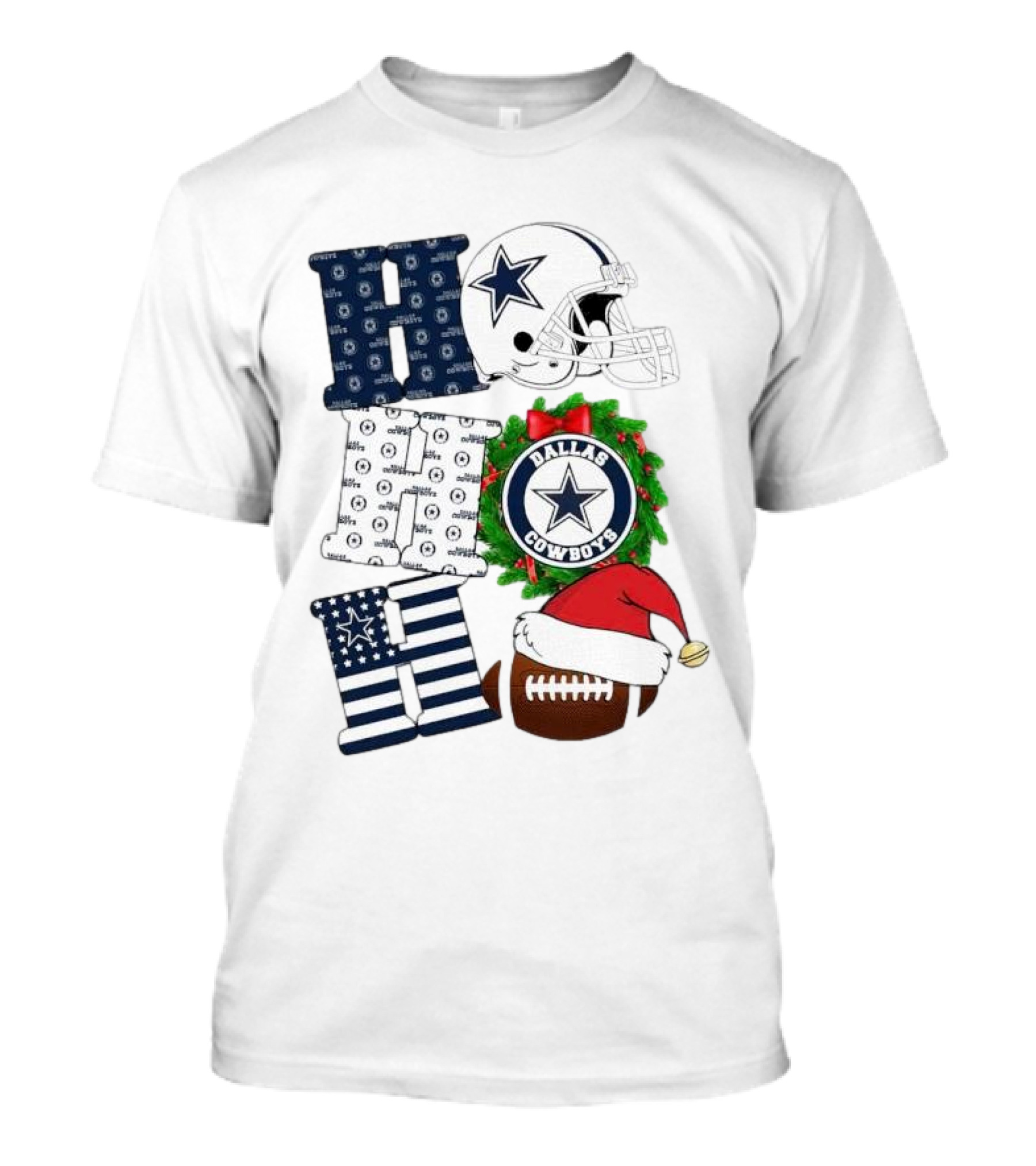 Dallas Cowboys Helmet Wreath Football Christmas Ho Ho Ho Merry Christmas T-Shirt