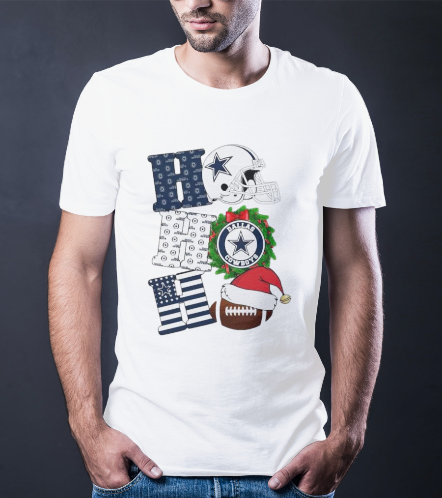 Dallas Cowboys Helmet Wreath Football Christmas Ho Ho Ho Merry Christmas T-Shirt
