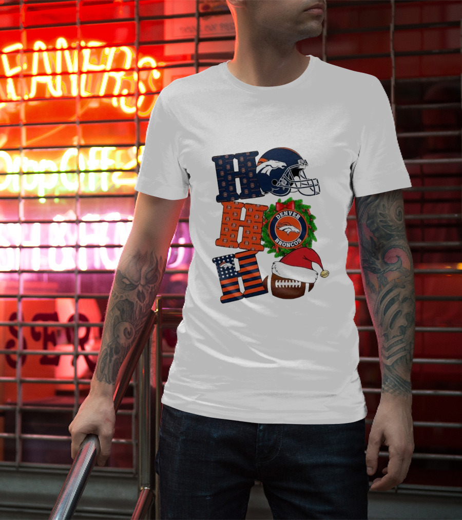 Denver Broncos Ho Ho Ho Merry Christmas Football Helmet Wreath Santa Hat Holiday T-Shirt
