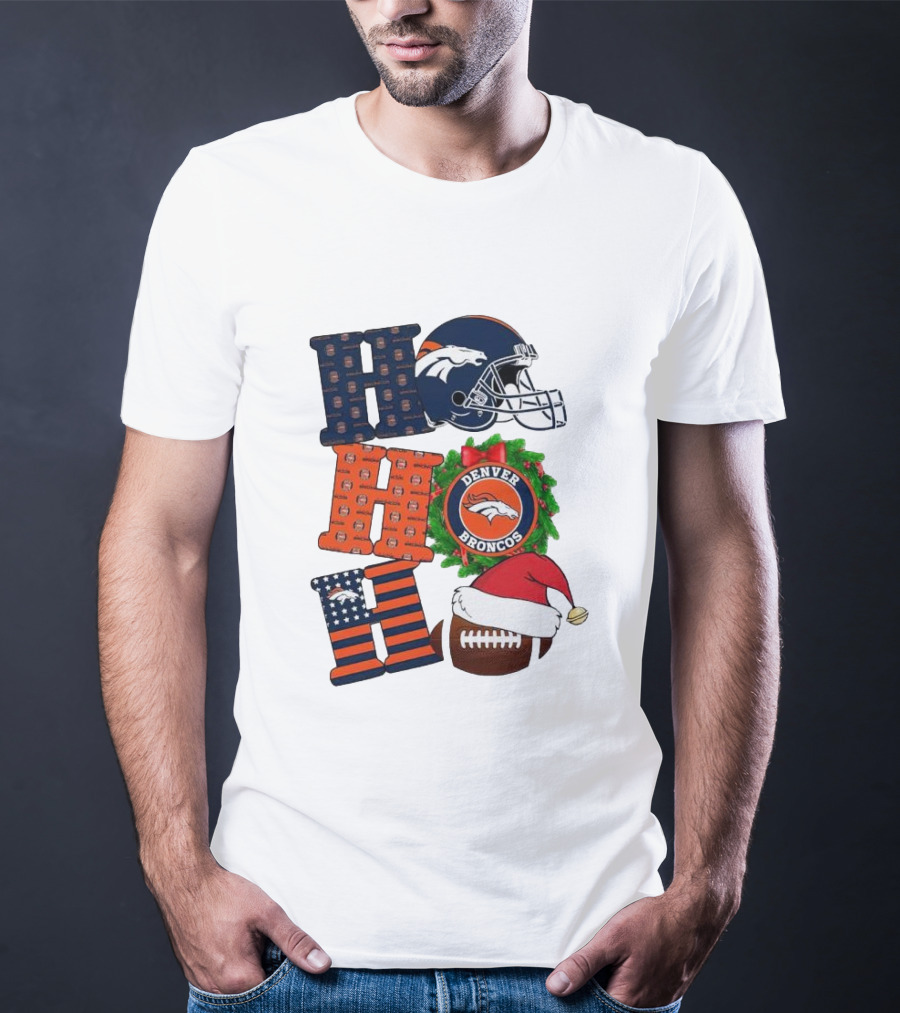 Denver Broncos Ho Ho Ho Merry Christmas Football Helmet Wreath Santa Hat Holiday T-Shirt