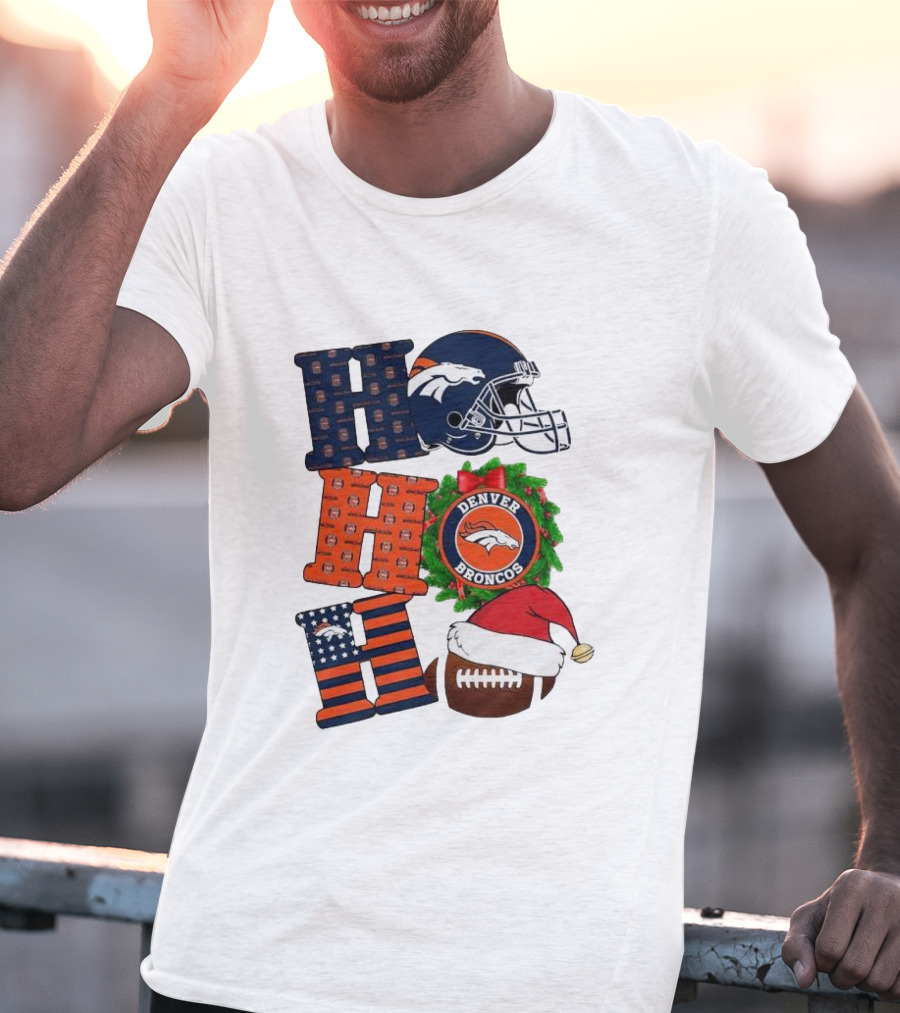 Denver Broncos Ho Ho Ho Merry Christmas Football Helmet Wreath Santa Hat Holiday T-Shirt
