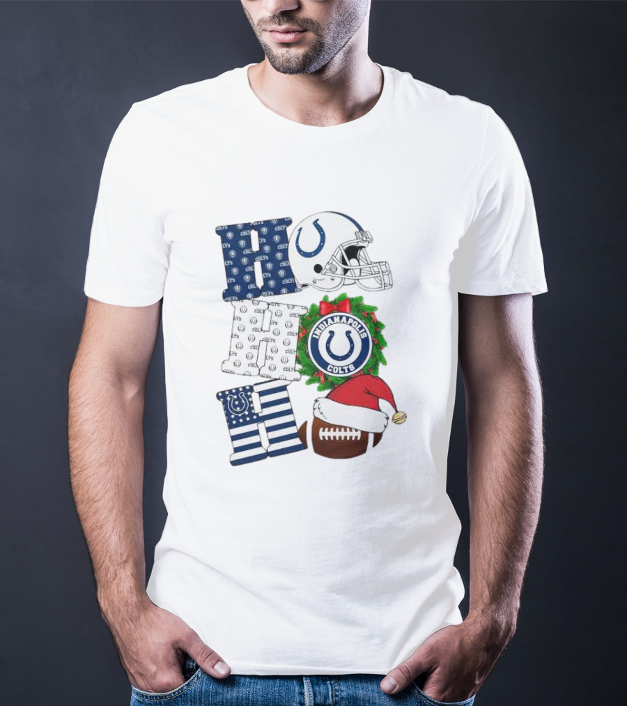 Indianapolis Colts Ho Ho Ho Merry Christmas Football Festive Logo Helmet Wreath Santa Hat T-Shirt