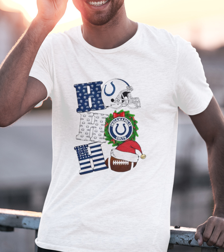 Indianapolis Colts Ho Ho Ho Merry Christmas Football Festive Logo Helmet Wreath Santa Hat T-Shirt
