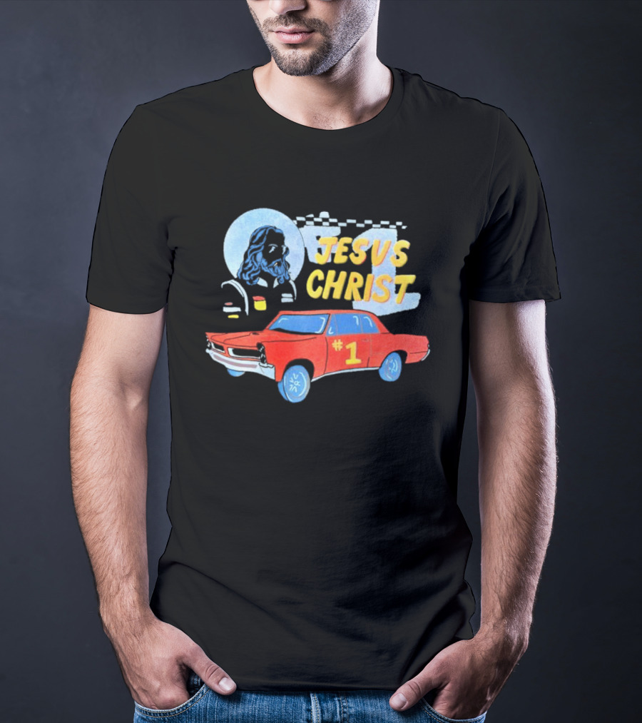 Jesus Christ Racing Champion With Red Car And Checkered Flag T-Shirt