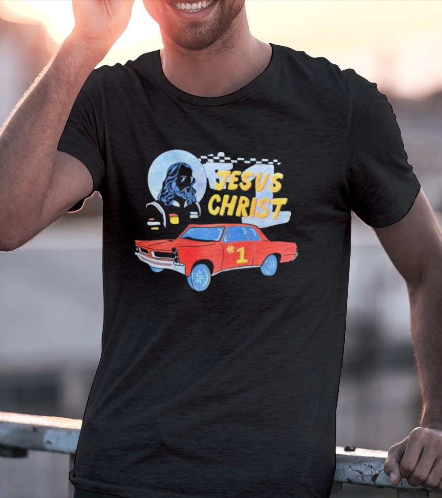 Jesus Christ Racing Champion With Red Car And Checkered Flag T-Shirt