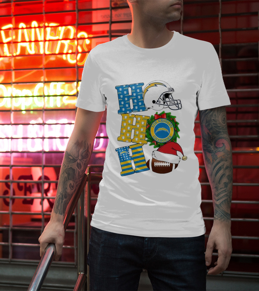 Los Angeles Chargers Ho Ho Ho Merry Christmas Wreath Helmet Football Santa Hat Featured T-Shirt
