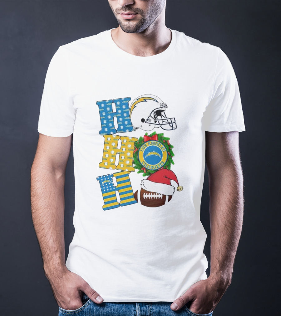Los Angeles Chargers Ho Ho Ho Merry Christmas Wreath Helmet Football Santa Hat Featured T-Shirt