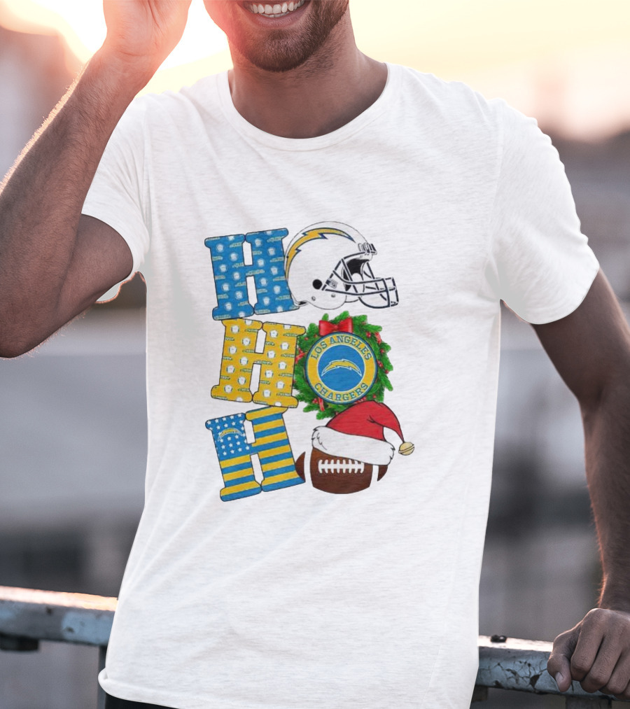 Los Angeles Chargers Ho Ho Ho Merry Christmas Wreath Helmet Football Santa Hat Featured T-Shirt