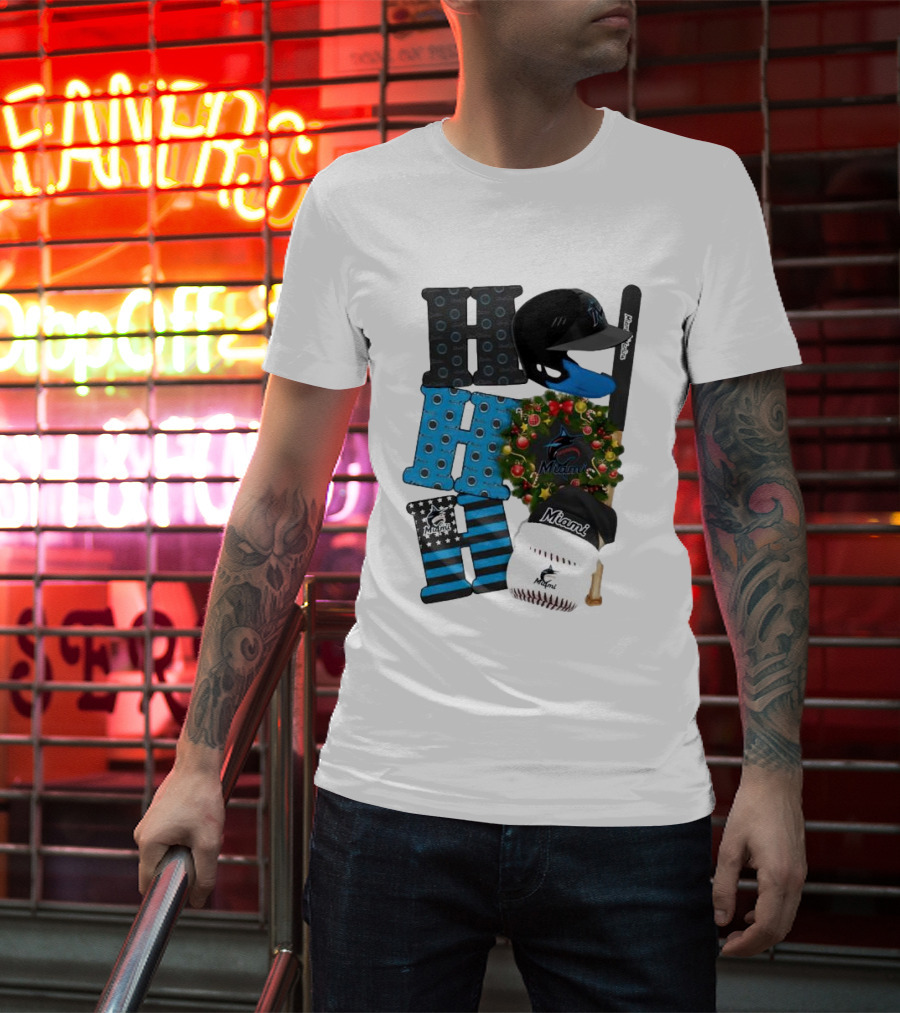 Miami Marlins Ho Ho Ho Merry Christmas Baseball Wreath Socks Helmet Batcap T-Shirt