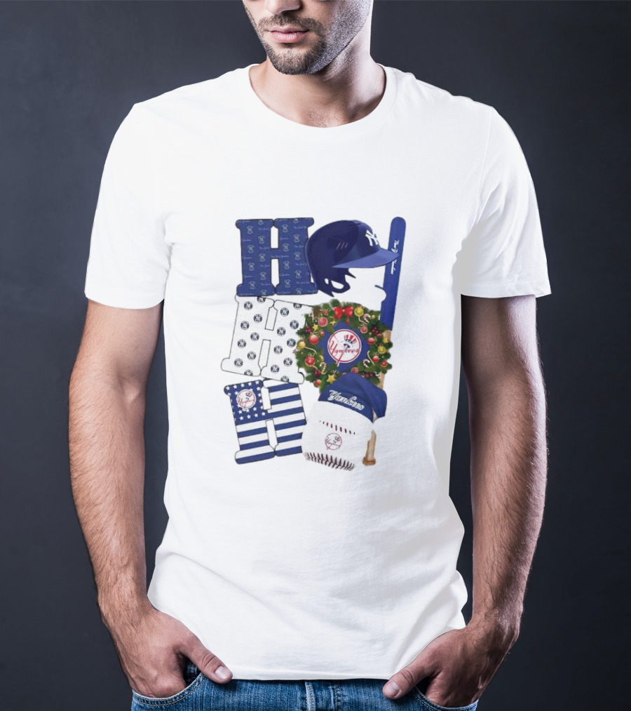 New York Yankees Ho Ho Ho Merry Christmas Yankees Caps Wreath Baseball Bat T-Shirt