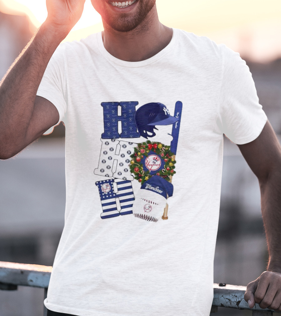 New York Yankees Ho Ho Ho Merry Christmas Yankees Caps Wreath Baseball Bat T-Shirt