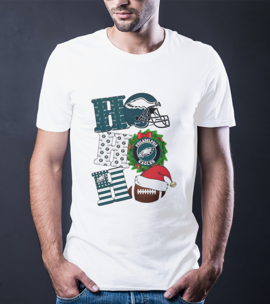 Philadelphia Eagles Ho Ho Ho Merry Christmas Football Helmet Wreath Santa Hat T-Shirt