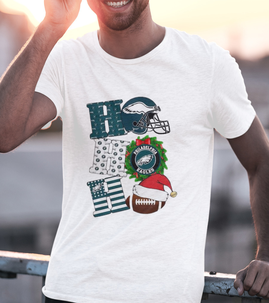 Philadelphia Eagles Ho Ho Ho Merry Christmas Football Helmet Wreath Santa Hat T-Shirt