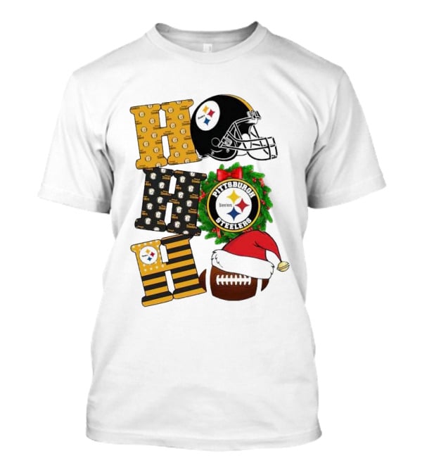 Pittsburgh Steelers Ho Ho Ho Merry Christmas Football Helmet Wreath Santa Hat T-Shirt