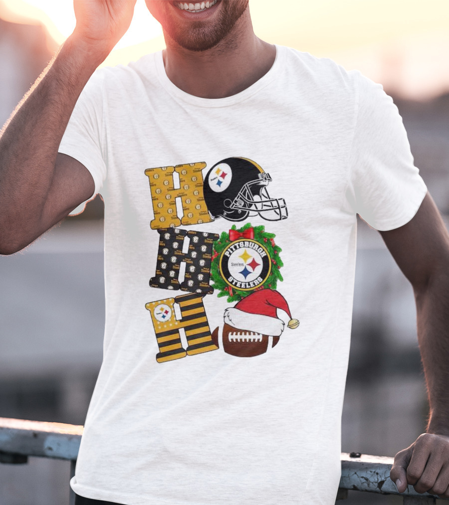 Pittsburgh Steelers Ho Ho Ho Merry Christmas Football Helmet Wreath Santa Hat T-Shirt
