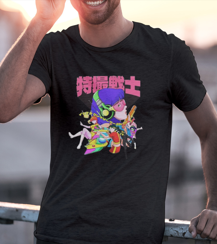 Popkiller Tokusatsu Senshi Retro Anime Heroes Japanese Text Neon T-Shirt