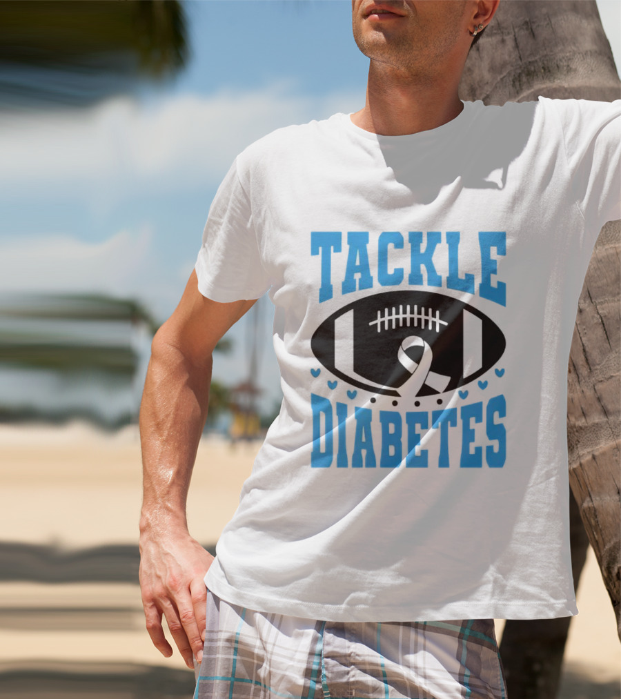 Tackle Diabetes Awareness Football Design With Blue Ribbon And Hearts T-Shirt