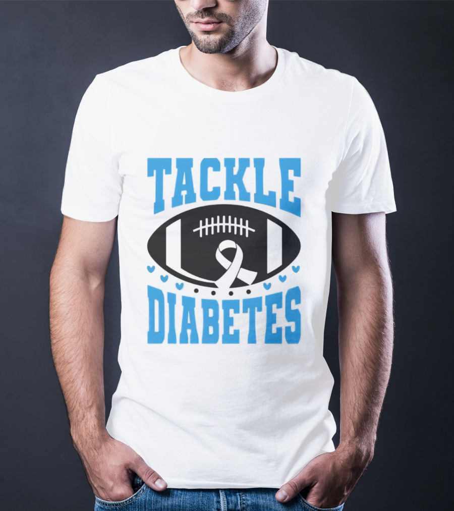 Tackle Diabetes Awareness Football Design With Blue Ribbon And Hearts T-Shirt
