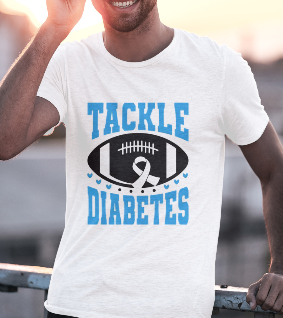 Tackle Diabetes Awareness Football Design With Blue Ribbon And Hearts T-Shirt