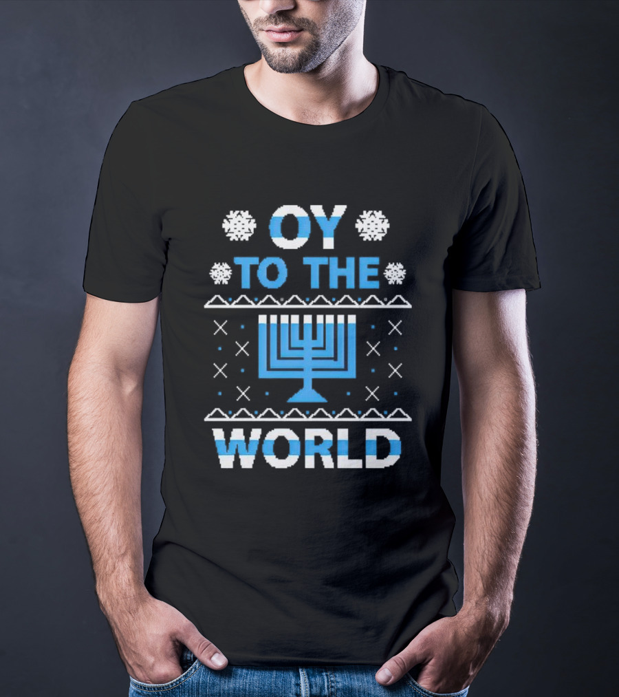 Oy To The World Happy Hanukkah Menorah Snowflakes T-Shirt