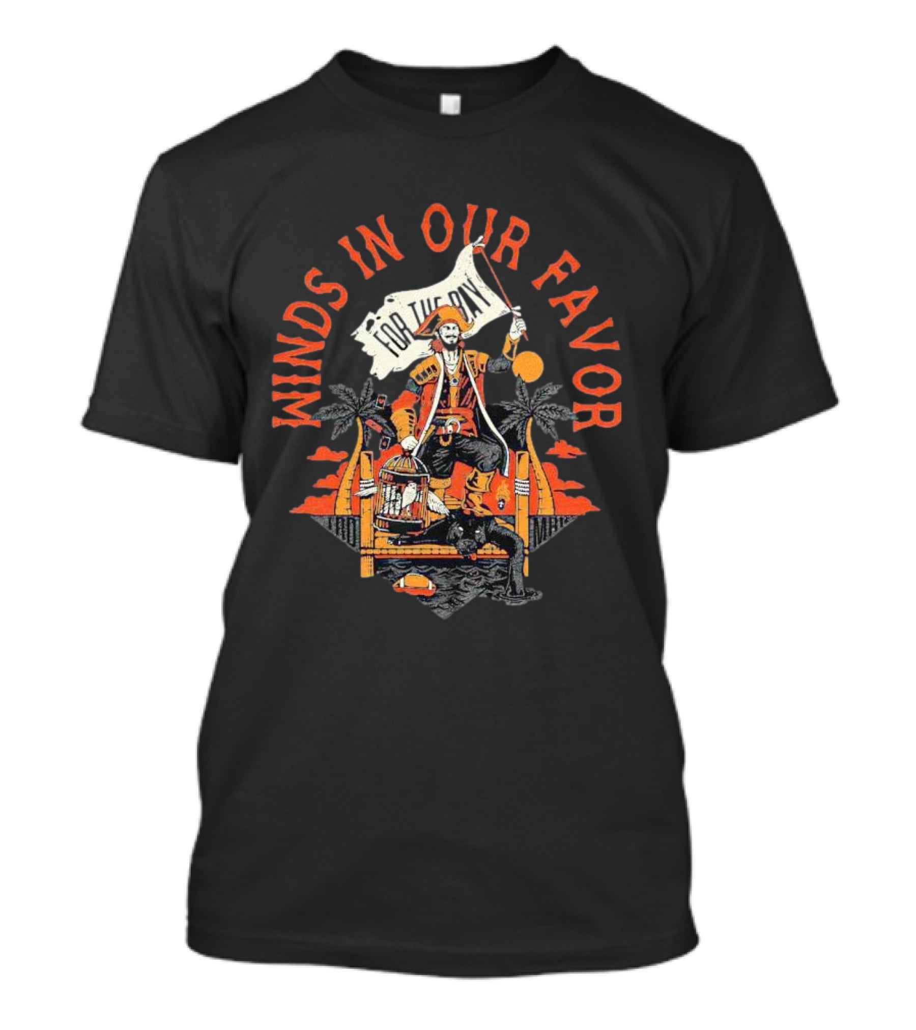 Winds In Our Favor Pirate With Flag And Parrot Tropical Scene T-Shirt