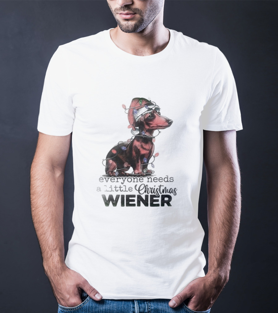 Everyone Needs A Little Christmas Wiener Dachshund With Lights And Santa Hat T-Shirt