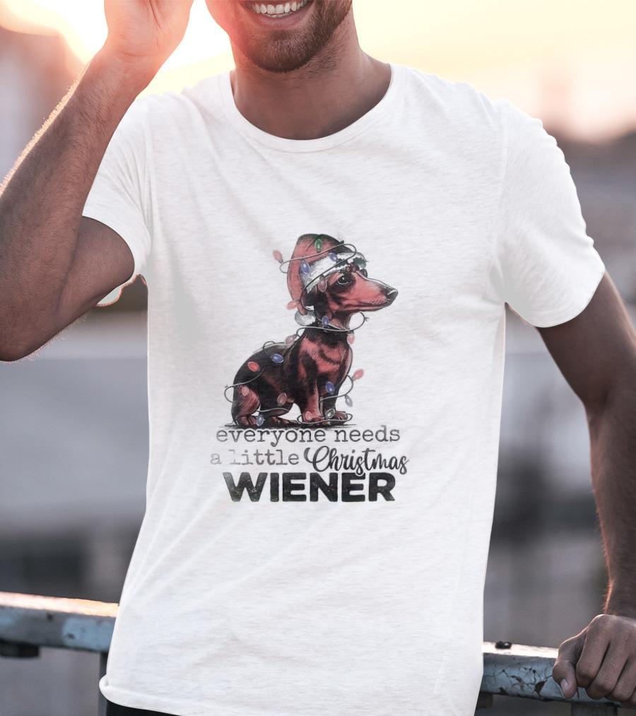 Everyone Needs A Little Christmas Wiener Dachshund With Lights And Santa Hat T-Shirt