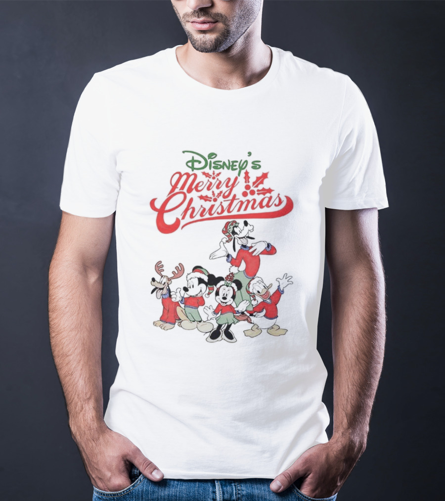 Disney’s Merry Christmas Mickey Minnie Goofy Pluto Festive Holiday T-Shirt