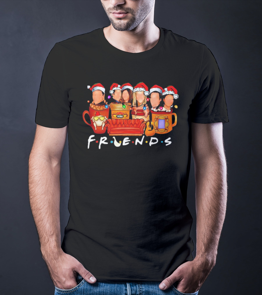 Friends Christmas Santa Hats Couch Central Perk Logo Mugs Guitar T-Shirt