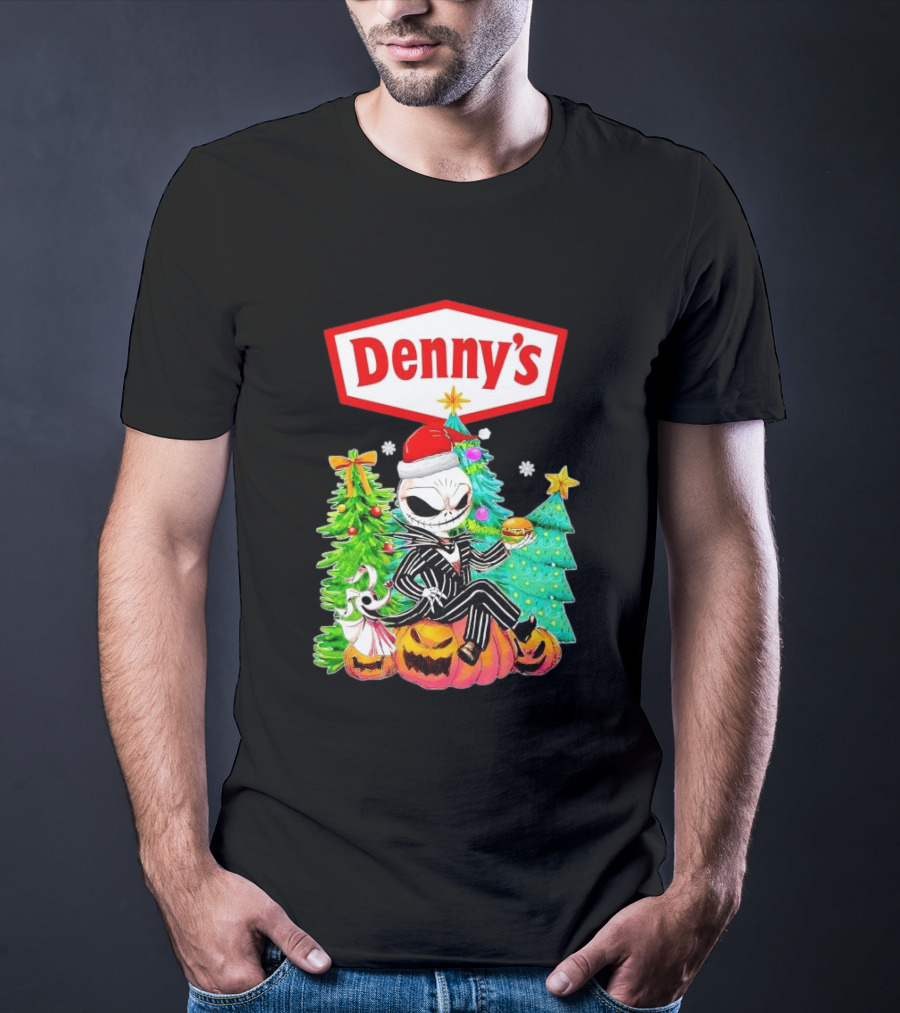 Denny’s Jack Skellington Santa Sitting On Pumpkins With Christmas Trees T-Shirt
