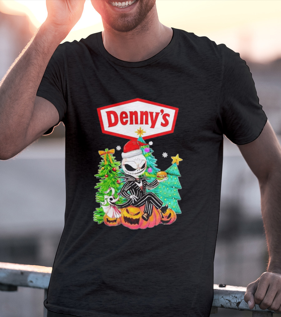 Denny’s Jack Skellington Santa Sitting On Pumpkins With Christmas Trees T-Shirt