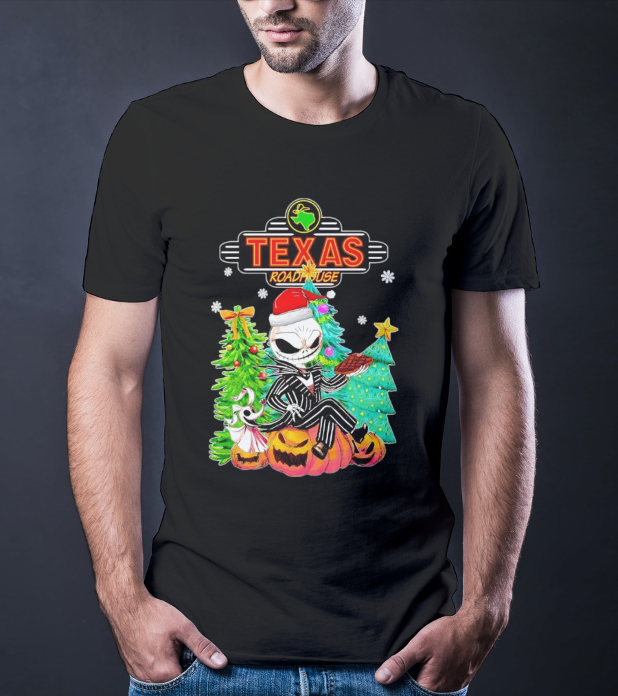 Jack Skellington Christmas With Texas Roadhouse Pumpkin And Christmas Trees T-Shirt