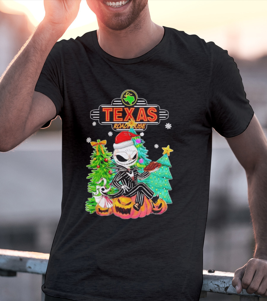 Jack Skellington Christmas With Texas Roadhouse Pumpkin And Christmas Trees T-Shirt