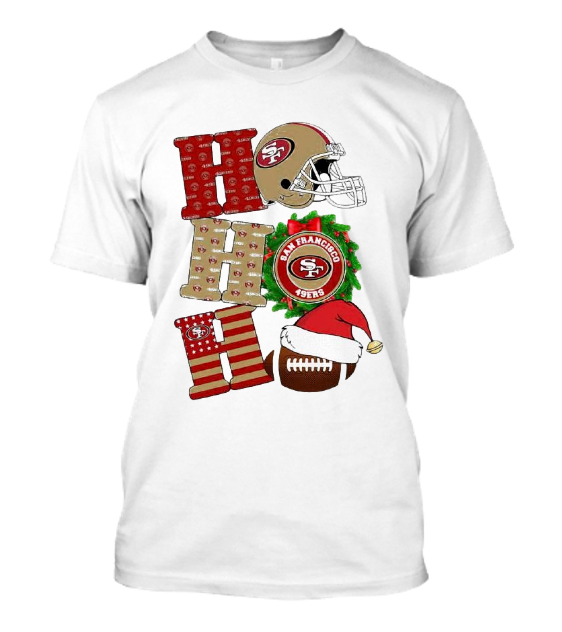 San Francisco 49ers Ho Ho Ho Merry Christmas Football Helmet Wreath Santa Hat T-Shirt