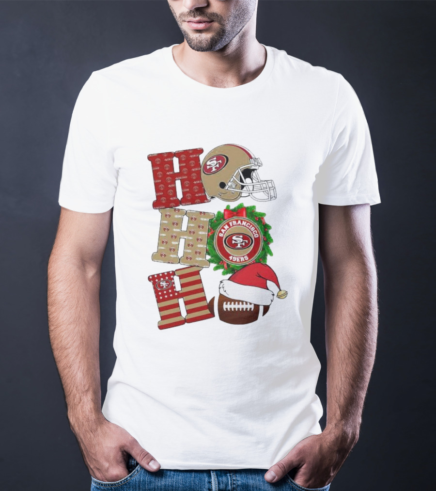 San Francisco 49ers Ho Ho Ho Merry Christmas Football Helmet Wreath Santa Hat T-Shirt