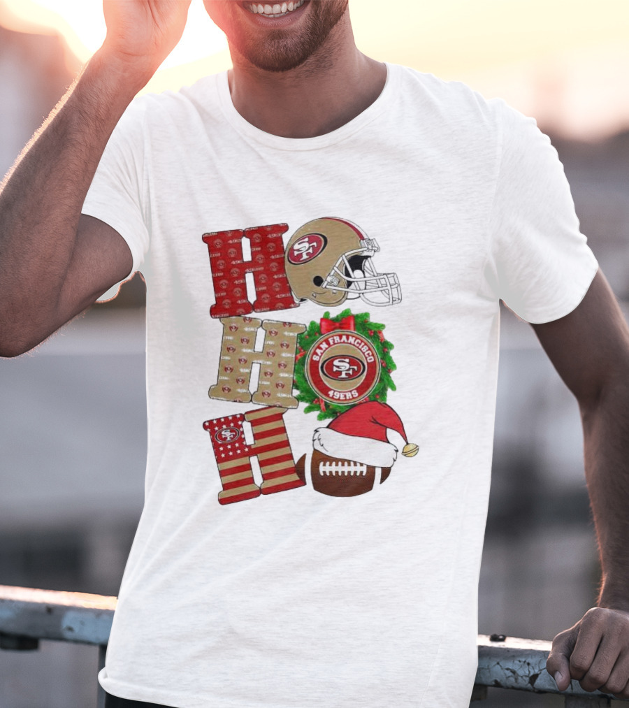 San Francisco 49ers Ho Ho Ho Merry Christmas Football Helmet Wreath Santa Hat T-Shirt
