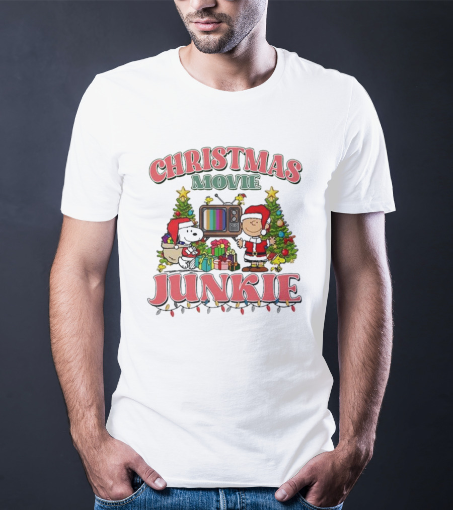 Snoopy And Charlie Brown Christmas Movie Junkie With TV And Gifts T-Shirt
