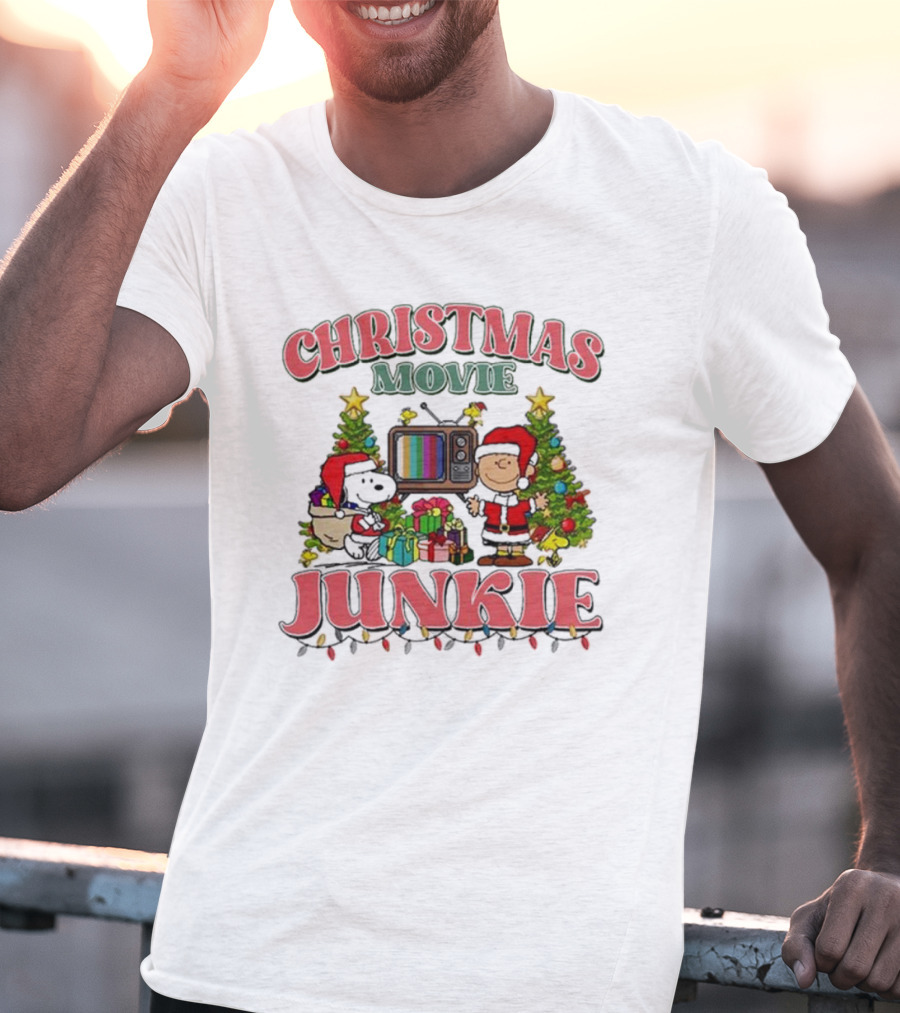 Snoopy And Charlie Brown Christmas Movie Junkie With TV And Gifts T-Shirt