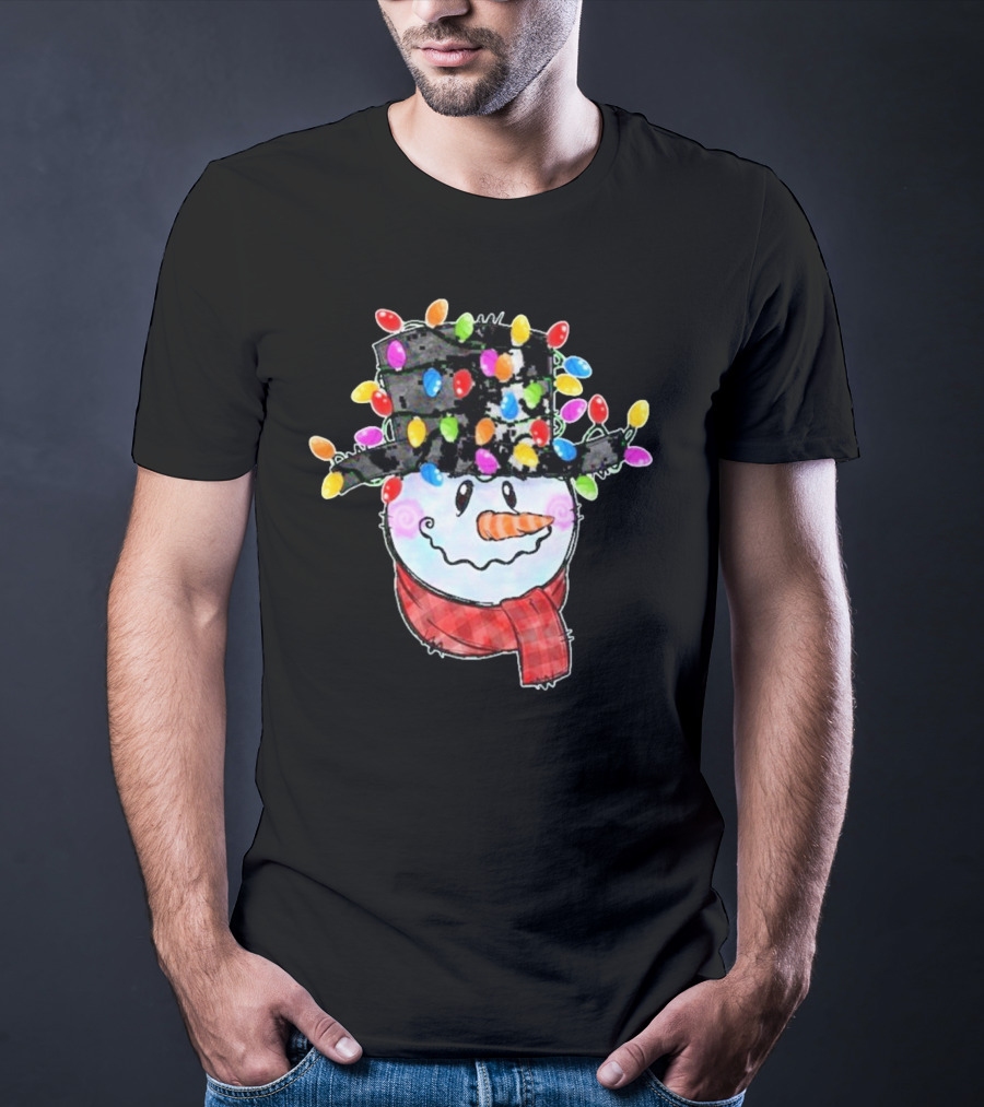 Snowman Wrapped In Colorful Christmas Lights With Black Top Hat And Red Scarf T-Shirt