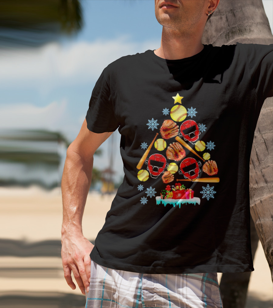 Christmas Tree With Softballs Bats Helmets Mitts And Gifts T-Shirt