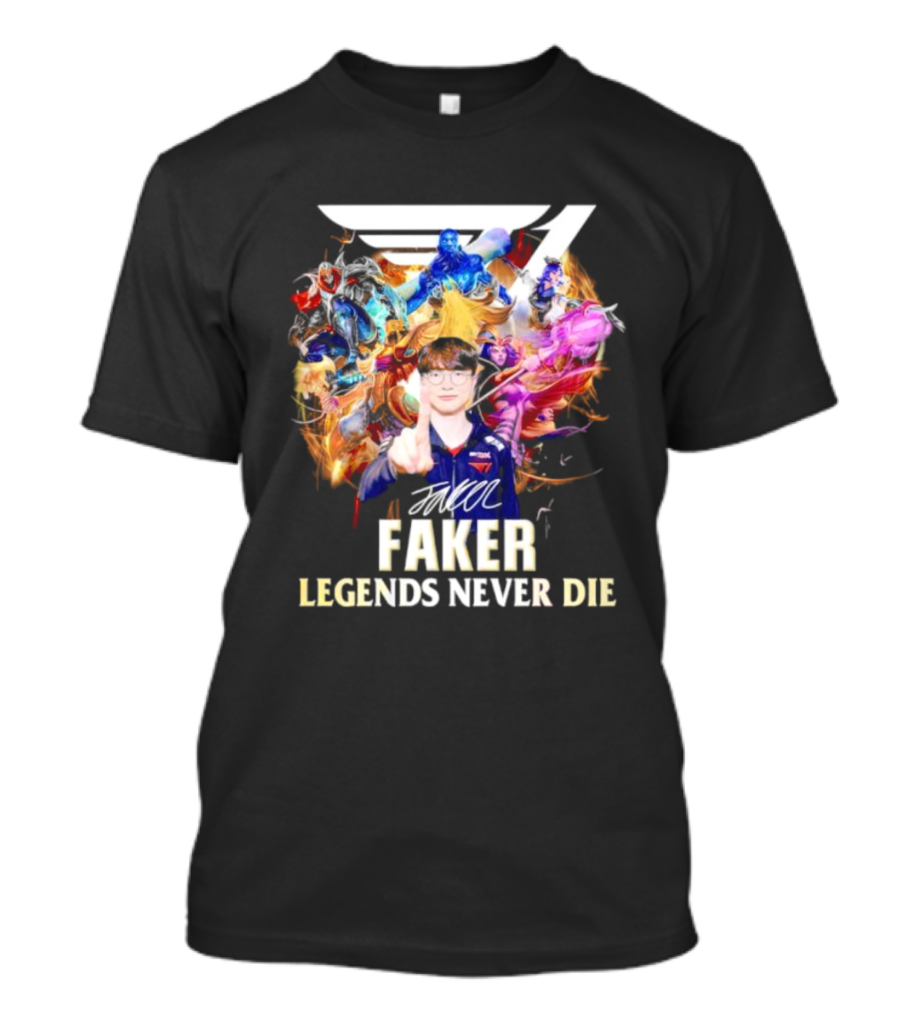 T1 Faker Legends Never Die Signature With Dynamic Character T-Shirt