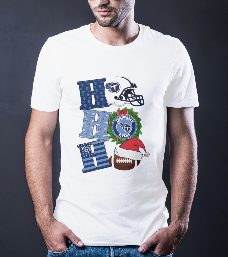 Tennessee Titans Ho Ho Ho Merry Christmas Football Helmet Santa Hat Wreath T-Shirt