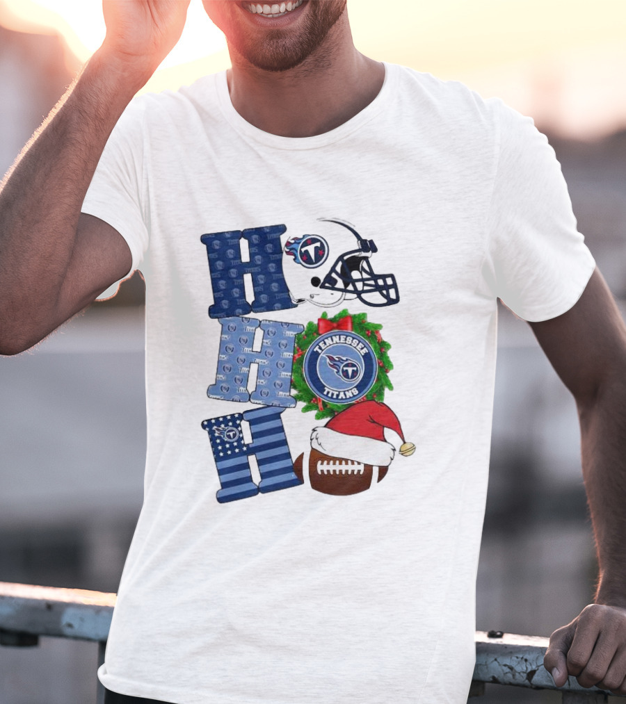 Tennessee Titans Ho Ho Ho Merry Christmas Football Helmet Santa Hat Wreath T-Shirt